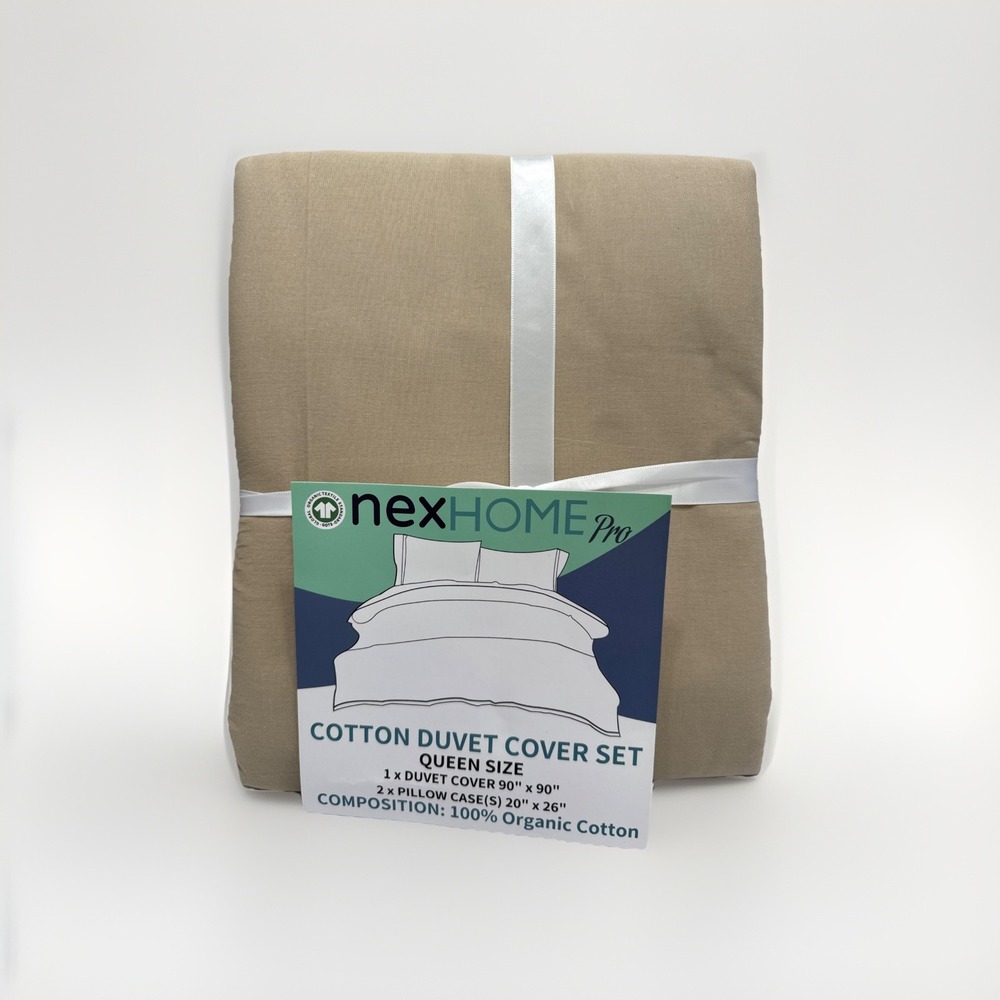 NEXHOME PRO Organic Textile Queen Size Duvet Cover Set 90" x 90"  W/ P Cases Tan